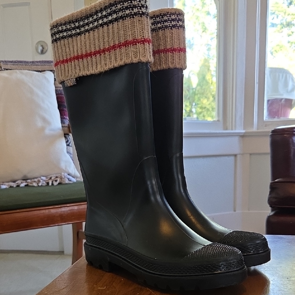 Burberry Black Tall Rain Boots with Knit Cuffs.